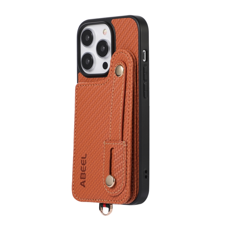 For iPhone 14 Pro ABEEL Carbon Fiber RFID Card Holder Phone Case(Brown) For iPhone 14 Pro ABEEL Carbon Fiber RFID Card Holder Phone Case(Brown)