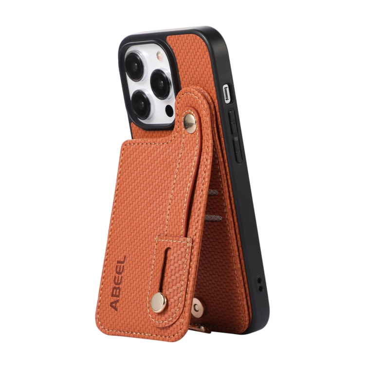 For iPhone 14 Pro ABEEL Carbon Fiber RFID Card Holder Phone Case(Brown) For iPhone 14 Pro ABEEL Carbon Fiber RFID Card Holder Phone Case(Brown)