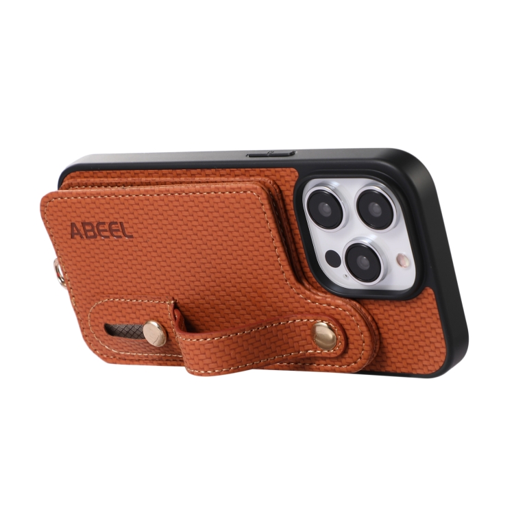 For iPhone 14 Pro ABEEL Carbon Fiber RFID Card Holder Phone Case(Brown) For iPhone 14 Pro ABEEL Carbon Fiber RFID Card Holder Phone Case(Brown)