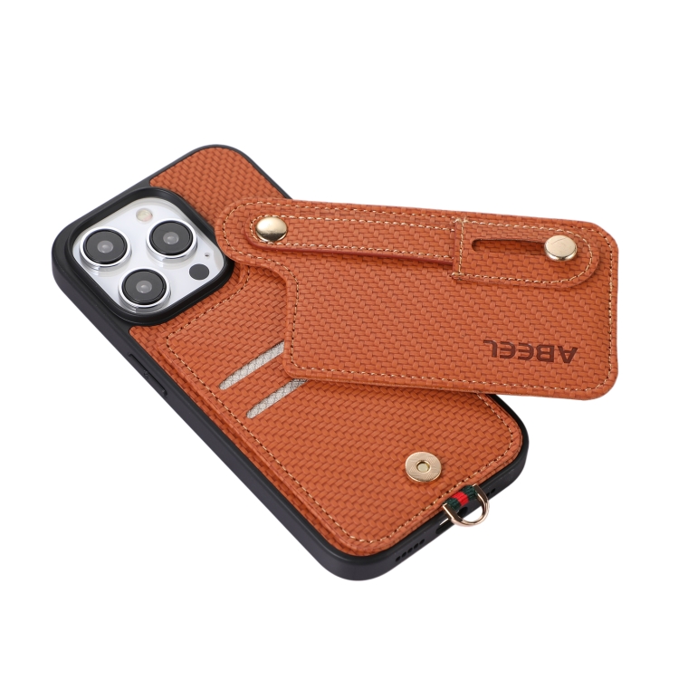 For iPhone 14 Pro ABEEL Carbon Fiber RFID Card Holder Phone Case(Brown) For iPhone 14 Pro ABEEL Carbon Fiber RFID Card Holder Phone Case(Brown)
