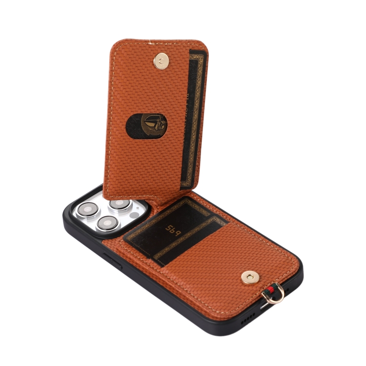 For iPhone 14 Pro ABEEL Carbon Fiber RFID Card Holder Phone Case(Brown) For iPhone 14 Pro ABEEL Carbon Fiber RFID Card Holder Phone Case(Brown)