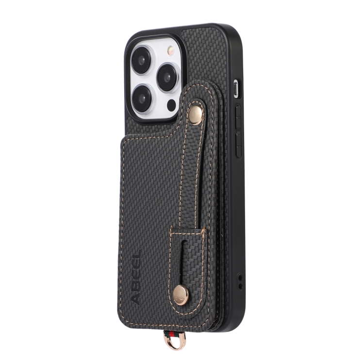 For iPhone 15 Pro ABEEL Carbon Fiber RFID Card Holder Phone Case(Black)