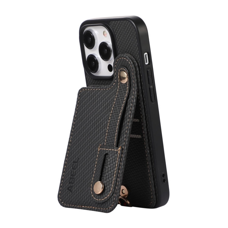 For iPhone 15 Pro ABEEL Carbon Fiber RFID Card Holder Phone Case(Black)