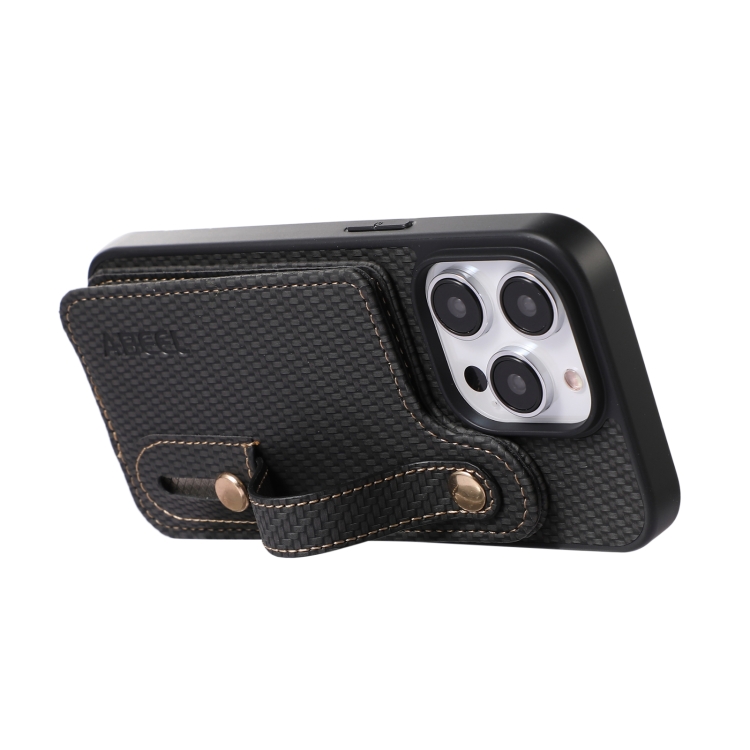 For iPhone 15 Pro ABEEL Carbon Fiber RFID Card Holder Phone Case(Black)