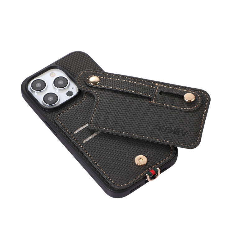 For iPhone 15 Pro ABEEL Carbon Fiber RFID Card Holder Phone Case(Black)