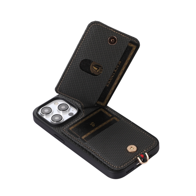 For iPhone 15 Pro ABEEL Carbon Fiber RFID Card Holder Phone Case(Black)