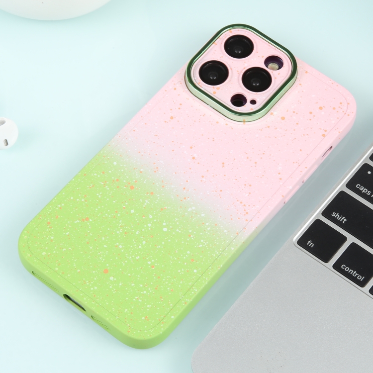 For iPhone 15 Plus Gradient Starry Silicone Phone Case with Lens Film(Pink Green) For iPhone 15 Plus Gradient Starry Silicone Phone Case with Lens Film(Pink Green)