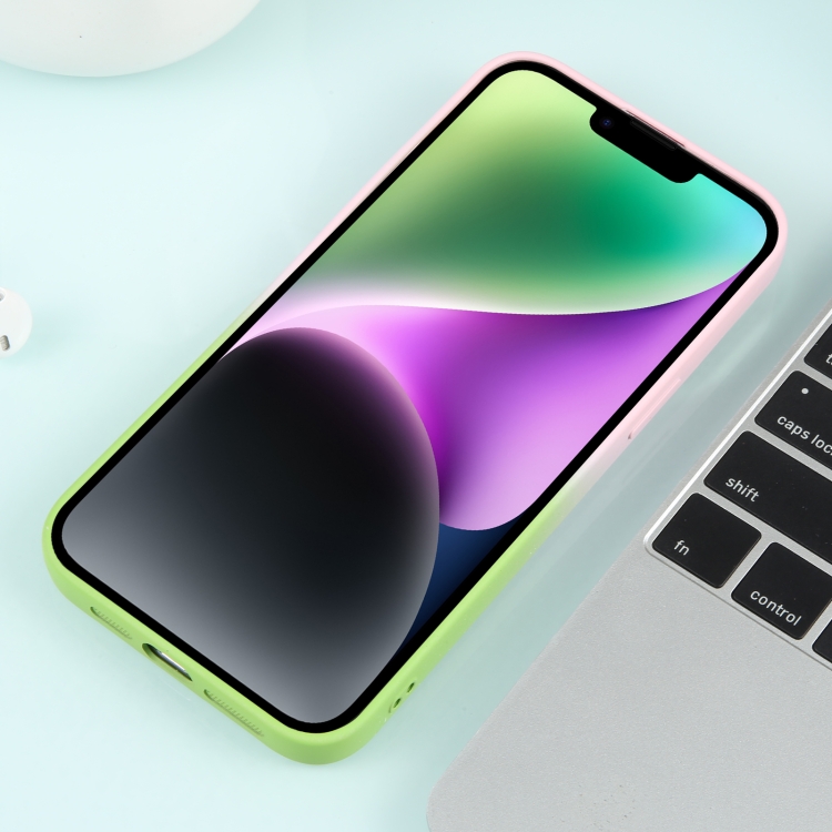 For iPhone 15 Plus Gradient Starry Silicone Phone Case with Lens Film(Pink Green) For iPhone 15 Plus Gradient Starry Silicone Phone Case with Lens Film(Pink Green)