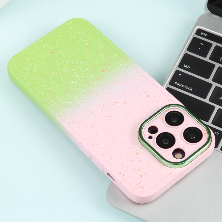 For iPhone 15 Plus Gradient Starry Silicone Phone Case with Lens Film(Pink Green) For iPhone 15 Plus Gradient Starry Silicone Phone Case with Lens Film(Pink Green)