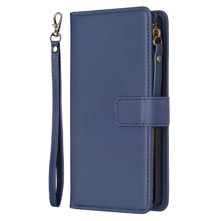 For iPhone 14 / 13 9 Card Slots Zipper Wallet Leather Flip Phone Case(Blue) - 1