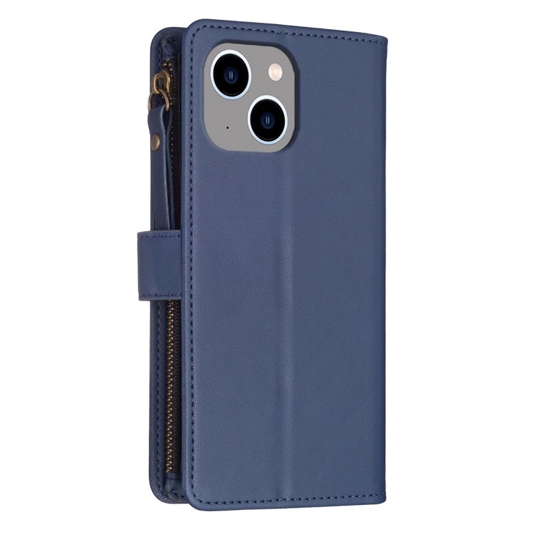 For iPhone 14 / 13 9 Card Slots Zipper Wallet Leather Flip Phone Case(Blue) - 2