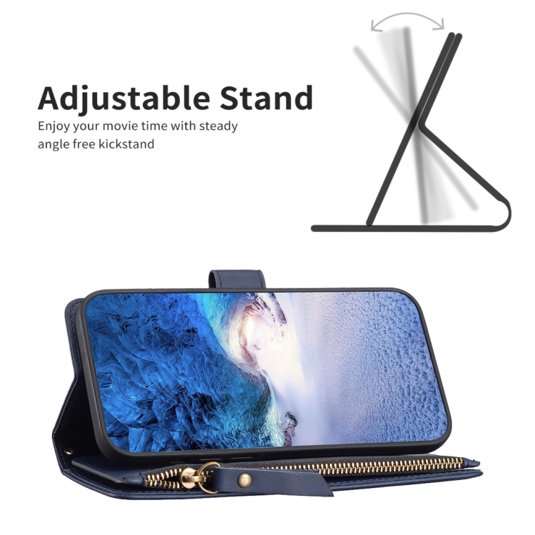 For iPhone 14 / 13 9 Card Slots Zipper Wallet Leather Flip Phone Case(Blue) - 3