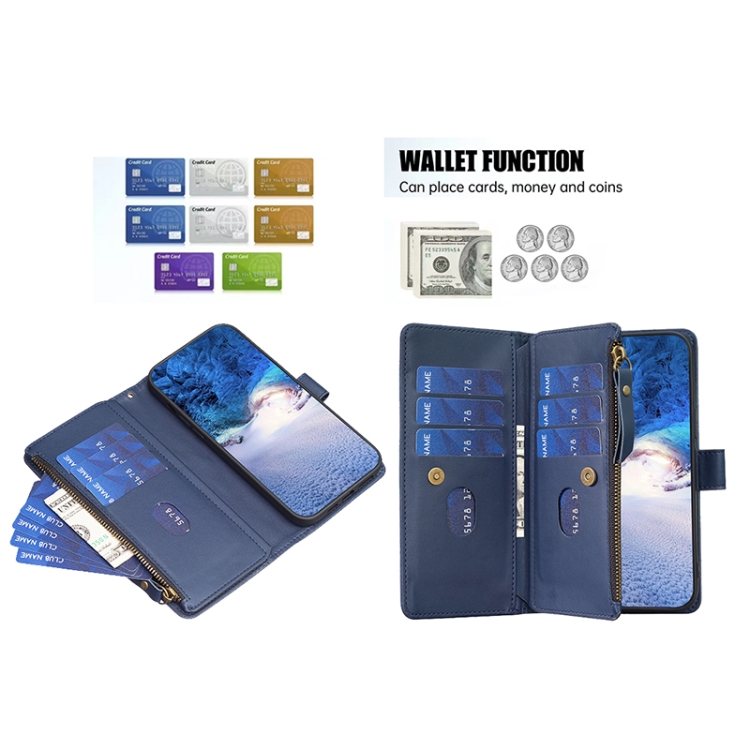 For iPhone 14 / 13 9 Card Slots Zipper Wallet Leather Flip Phone Case(Blue) - 4