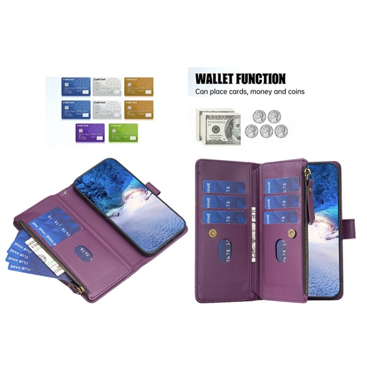 For iPhone 13 Pro Max 9 Card Slots Zipper Wallet Leather Flip Phone Case(Dark Purple) For iPhone 13 Pro Max 9 Card Slots Zipper Wallet Leather Flip Phone Case(Dark Purple)