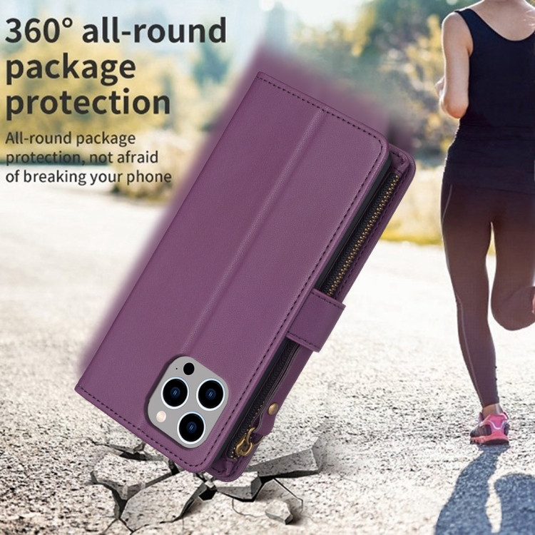 For iPhone 13 Pro Max 9 Card Slots Zipper Wallet Leather Flip Phone Case(Dark Purple) For iPhone 13 Pro Max 9 Card Slots Zipper Wallet Leather Flip Phone Case(Dark Purple)
