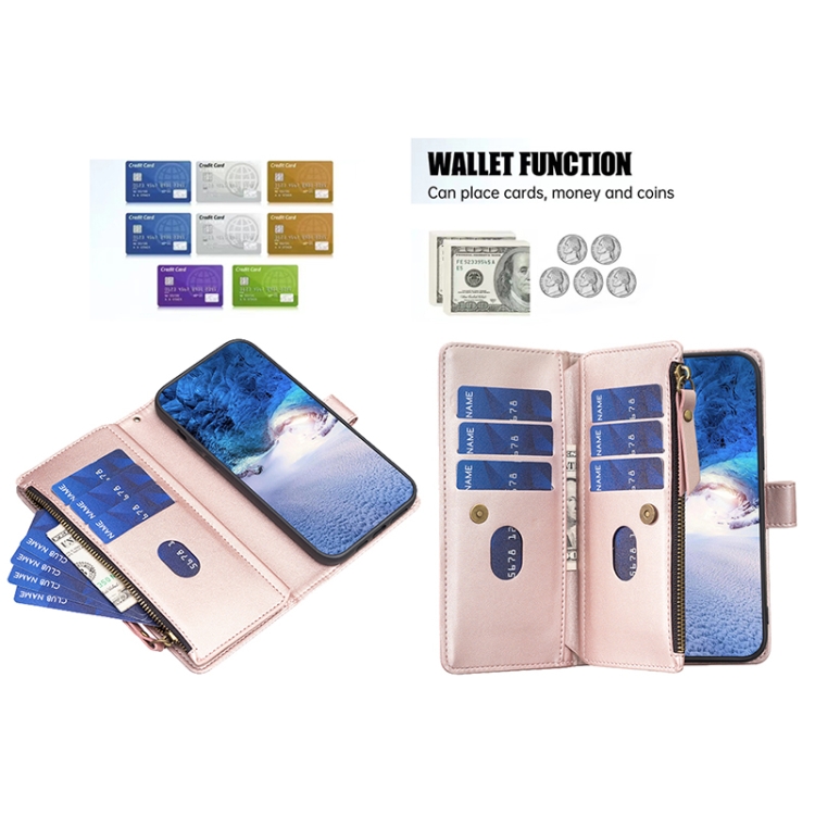 For iPhone 14 Pro 9 Card Slots Zipper Wallet Leather Flip Phone Case(Rose Gold) For iPhone 14 Pro 9 Card Slots Zipper Wallet Leather Flip Phone Case(Rose Gold)