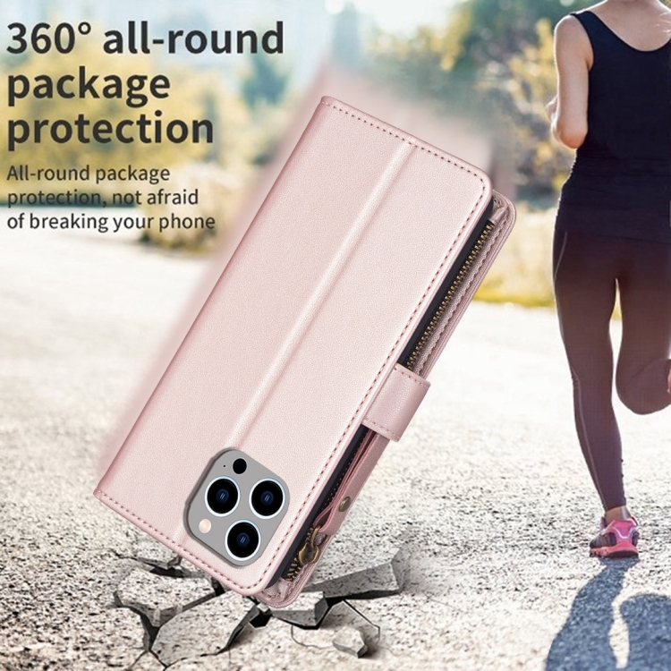 For iPhone 14 Pro 9 Card Slots Zipper Wallet Leather Flip Phone Case(Rose Gold) For iPhone 14 Pro 9 Card Slots Zipper Wallet Leather Flip Phone Case(Rose Gold)