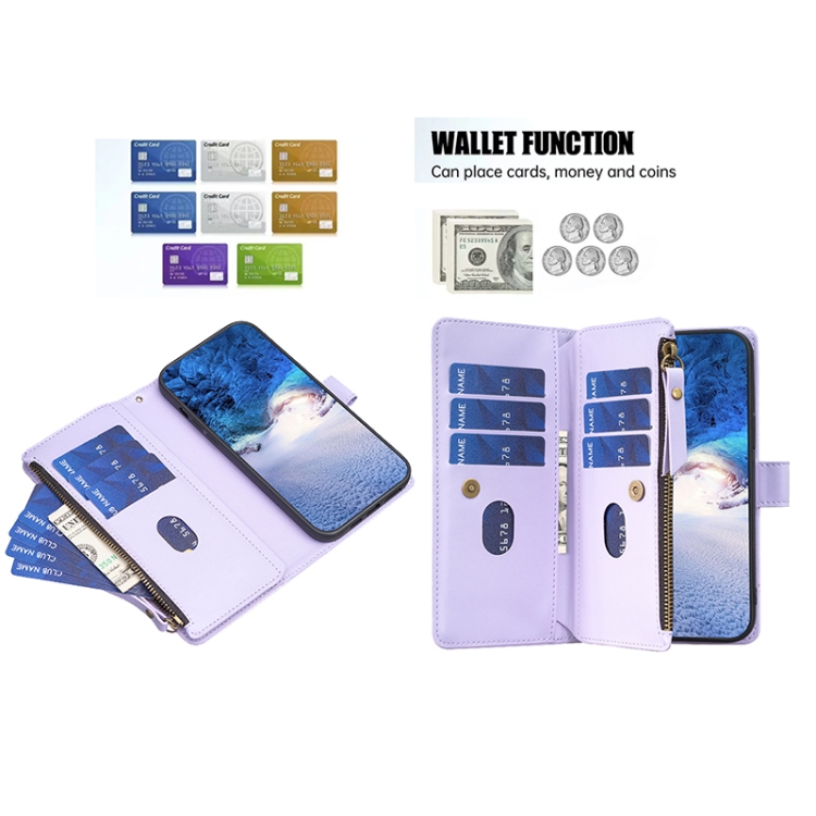 For iPhone 12 / 12 Pro 9 Card Slots Zipper Wallet Leather Flip Phone Case(Light Purple) For iPhone 12 / 12 Pro 9 Card Slots Zipper Wallet Leather Flip Phone Case(Light Purple)