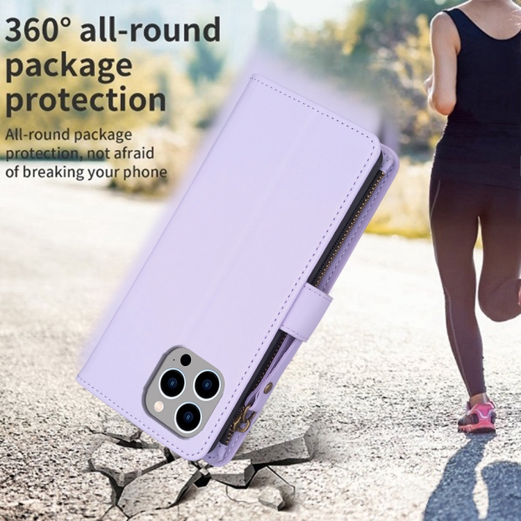 For iPhone 12 / 12 Pro 9 Card Slots Zipper Wallet Leather Flip Phone Case(Light Purple) For iPhone 12 / 12 Pro 9 Card Slots Zipper Wallet Leather Flip Phone Case(Light Purple)
