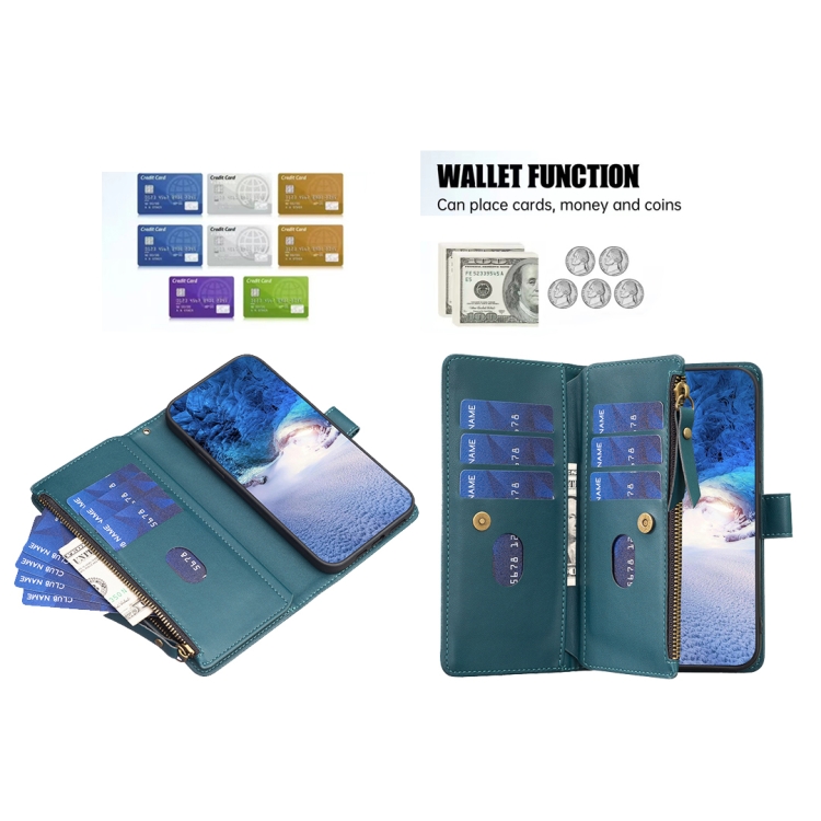 For iPhone 15 Plus 9 Card Slots Zipper Wallet Leather Flip Phone Case(Green) For iPhone 15 Plus 9 Card Slots Zipper Wallet Leather Flip Phone Case(Green)