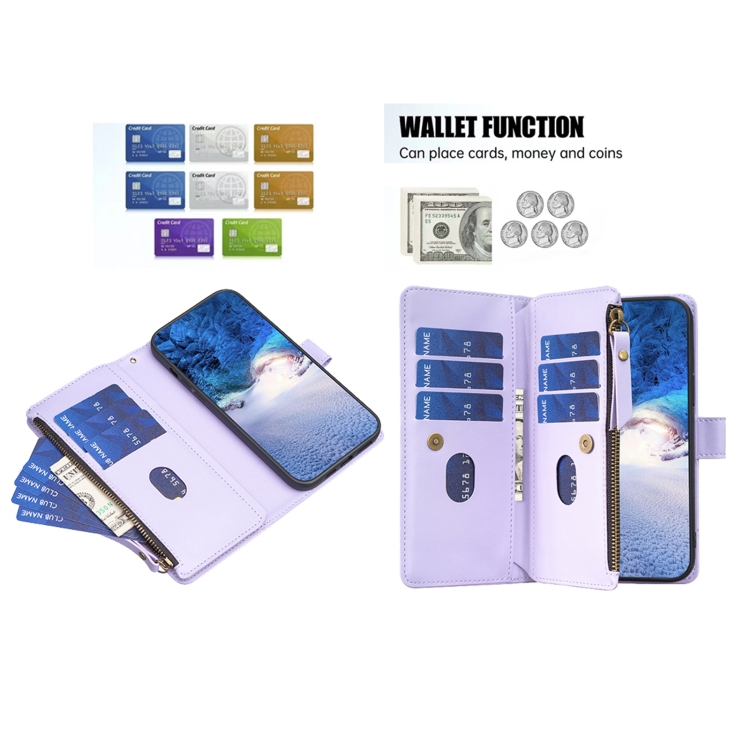 For iPhone 16 Pro 9 Card Slots Zipper Wallet Leather Flip Phone Case(Light Purple) For iPhone 16 Pro 9 Card Slots Zipper Wallet Leather Flip Phone Case(Light Purple)