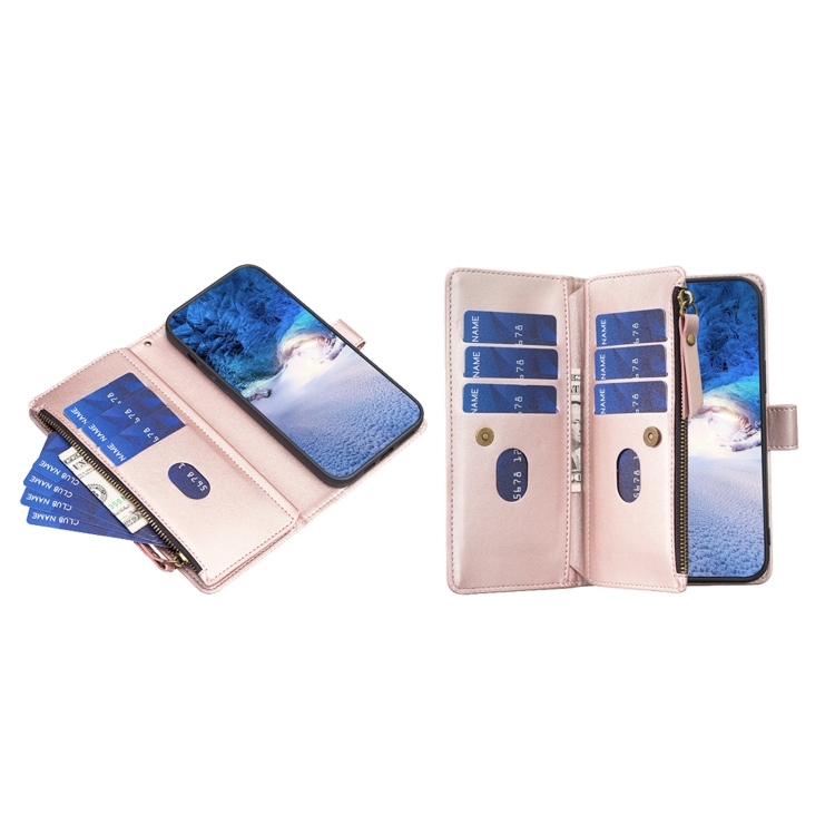 For iPhone 16 Plus 9 Card Slots Zipper Wallet Leather Flip Phone Case(Rose Gold) For iPhone 16 Plus 9 Card Slots Zipper Wallet Leather Flip Phone Case(Rose Gold)