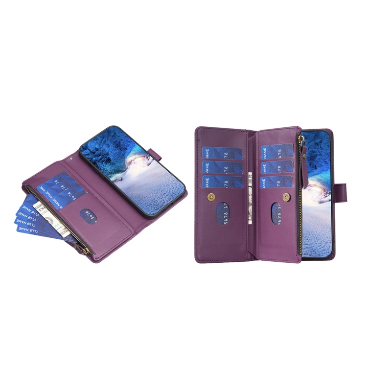 For iPhone 16 9 Card Slots Zipper Wallet Leather Flip Phone Case(Dark Purple) For iPhone 16 9 Card Slots Zipper Wallet Leather Flip Phone Case(Dark Purple)