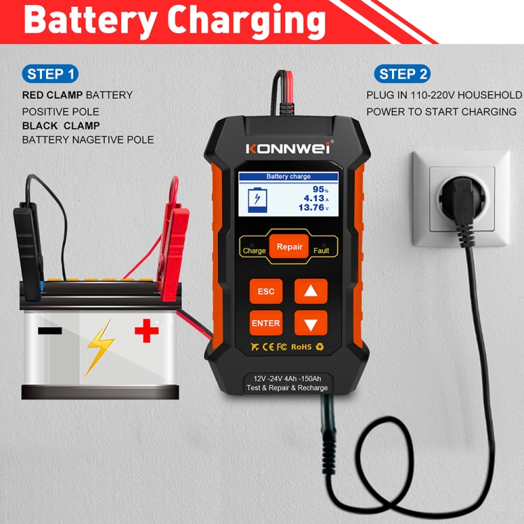 KONNWEI KW520 12V / 24V 3 in 1 Car Battery Tester with Detection & Repair &  Charging Function(EU Plug)