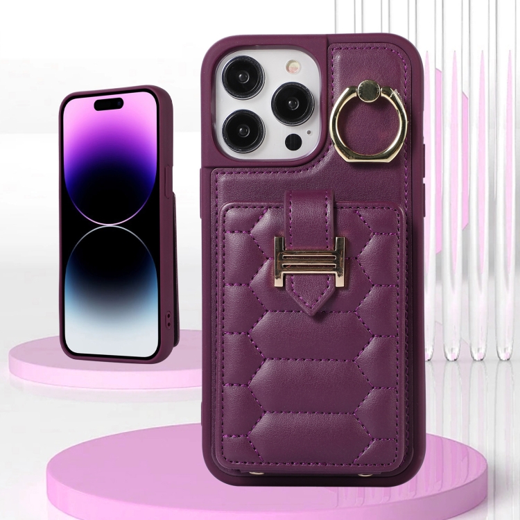 For iPhone 14 Pro Vertical Card Bag Ring Holder Phone Case with Dual Lanyard(Dark Purple) For iPhone 14 Pro Vertical Card Bag Ring Holder Phone Case with Dual Lanyard(Dark Purple)