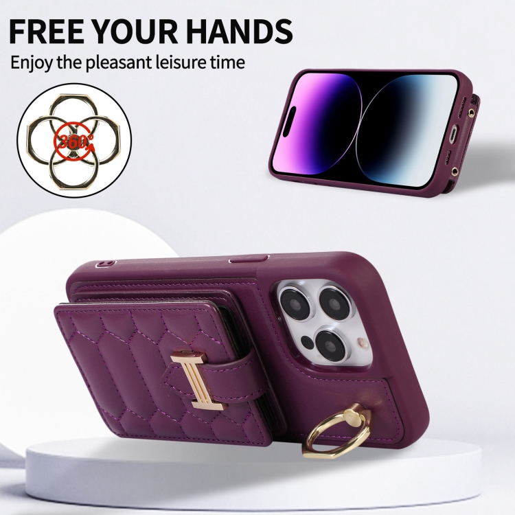 For iPhone 14 Pro Vertical Card Bag Ring Holder Phone Case with Dual Lanyard(Dark Purple) For iPhone 14 Pro Vertical Card Bag Ring Holder Phone Case with Dual Lanyard(Dark Purple)