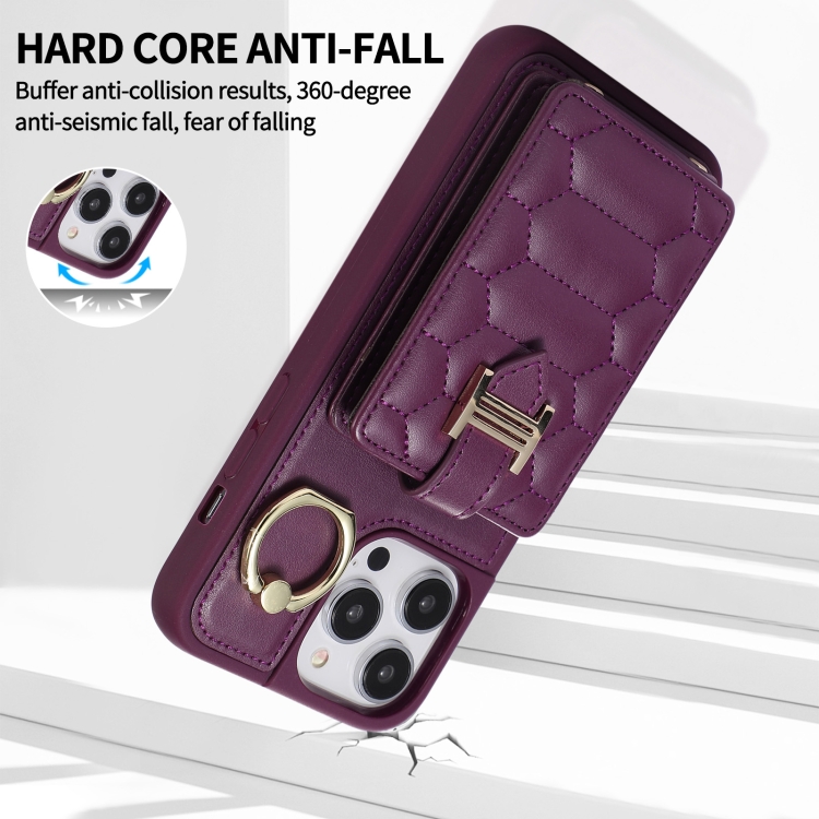 For iPhone 14 Pro Vertical Card Bag Ring Holder Phone Case with Dual Lanyard(Dark Purple) For iPhone 14 Pro Vertical Card Bag Ring Holder Phone Case with Dual Lanyard(Dark Purple)