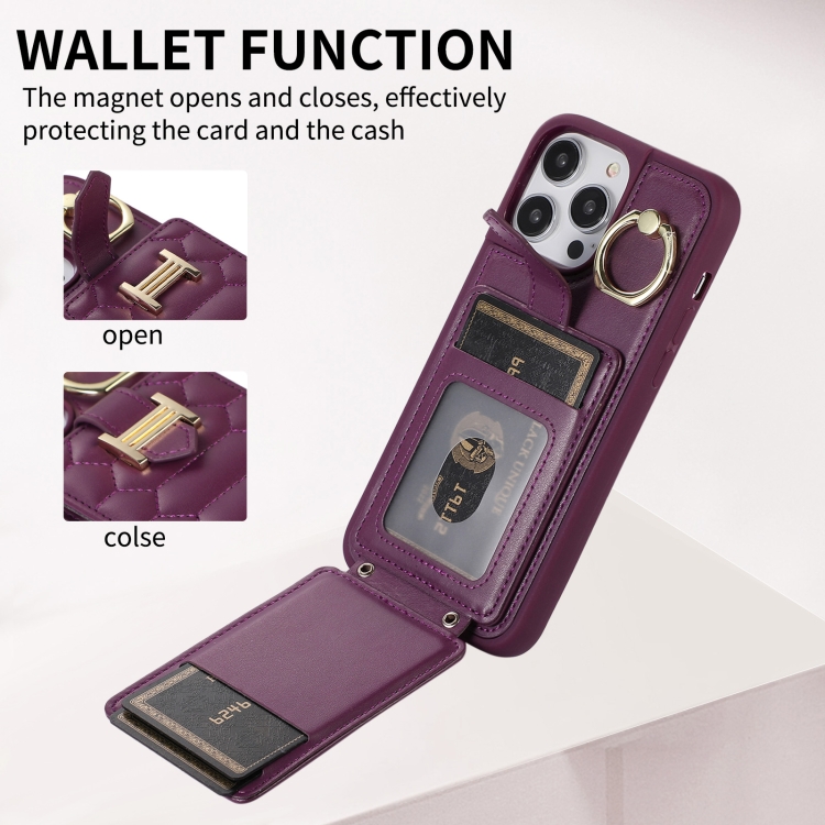 For iPhone 14 Pro Vertical Card Bag Ring Holder Phone Case with Dual Lanyard(Dark Purple) For iPhone 14 Pro Vertical Card Bag Ring Holder Phone Case with Dual Lanyard(Dark Purple)