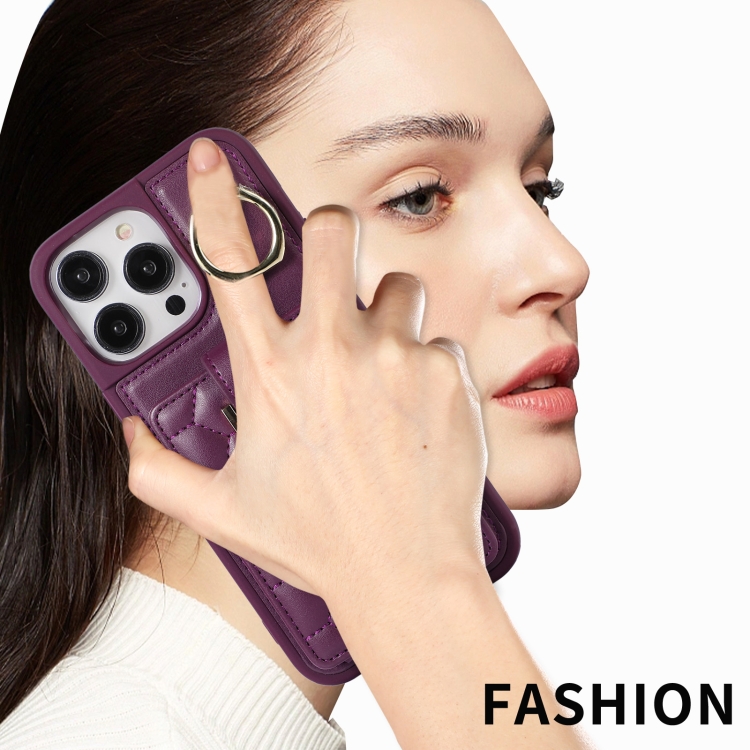 For iPhone 14 Pro Vertical Card Bag Ring Holder Phone Case with Dual Lanyard(Dark Purple) For iPhone 14 Pro Vertical Card Bag Ring Holder Phone Case with Dual Lanyard(Dark Purple)