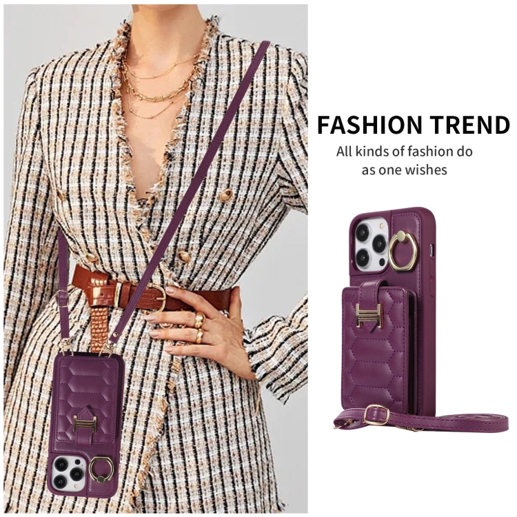 For iPhone 14 Pro Vertical Card Bag Ring Holder Phone Case with Dual Lanyard(Dark Purple) For iPhone 14 Pro Vertical Card Bag Ring Holder Phone Case with Dual Lanyard(Dark Purple)