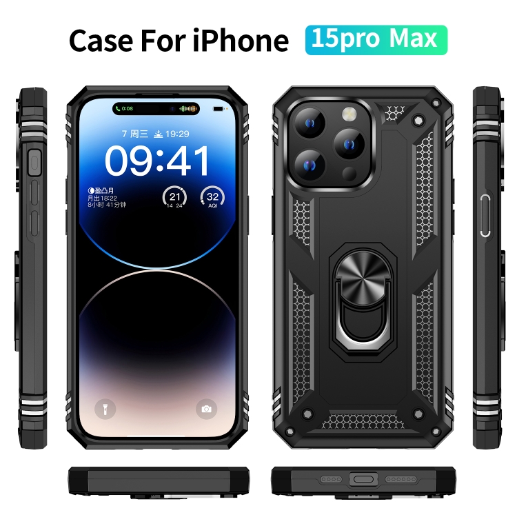 Für iPhone 15 Pro Max stoßfeste TPU + PC-Telefonhülle mit Halterung  (schwarz)