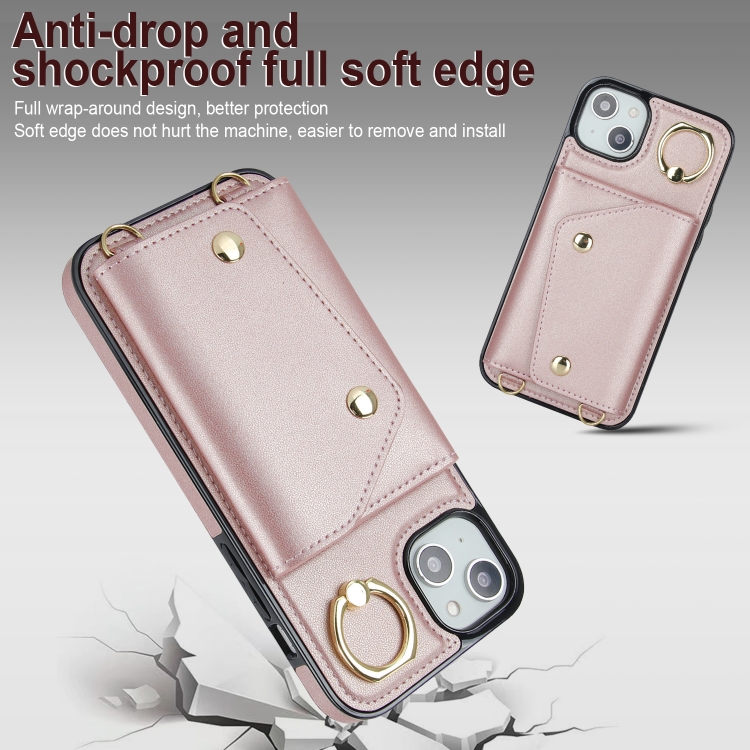 For iPhone 14 Zipper Card Bag Phone Case with Dual Lanyard(Rose Gold) For iPhone 14 Zipper Card Bag Phone Case with Dual Lanyard(Rose Gold)