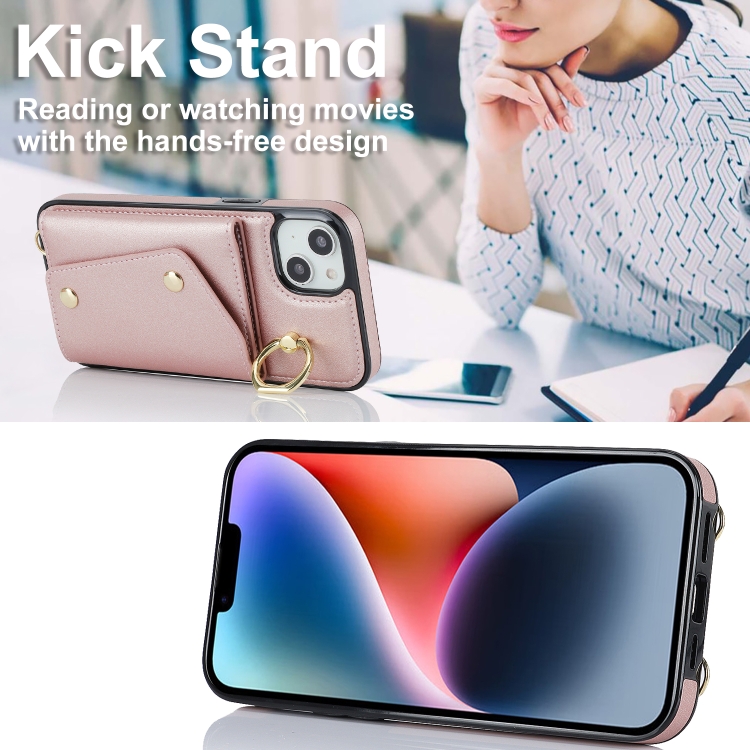 For iPhone 14 Zipper Card Bag Phone Case with Dual Lanyard(Rose Gold) For iPhone 14 Zipper Card Bag Phone Case with Dual Lanyard(Rose Gold)