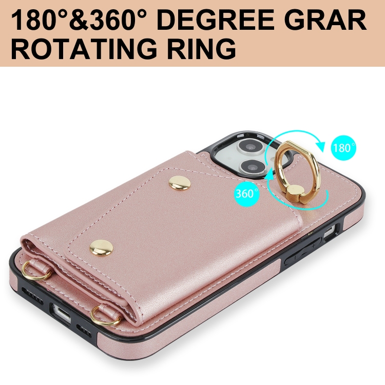 For iPhone 14 Zipper Card Bag Phone Case with Dual Lanyard(Rose Gold) For iPhone 14 Zipper Card Bag Phone Case with Dual Lanyard(Rose Gold)