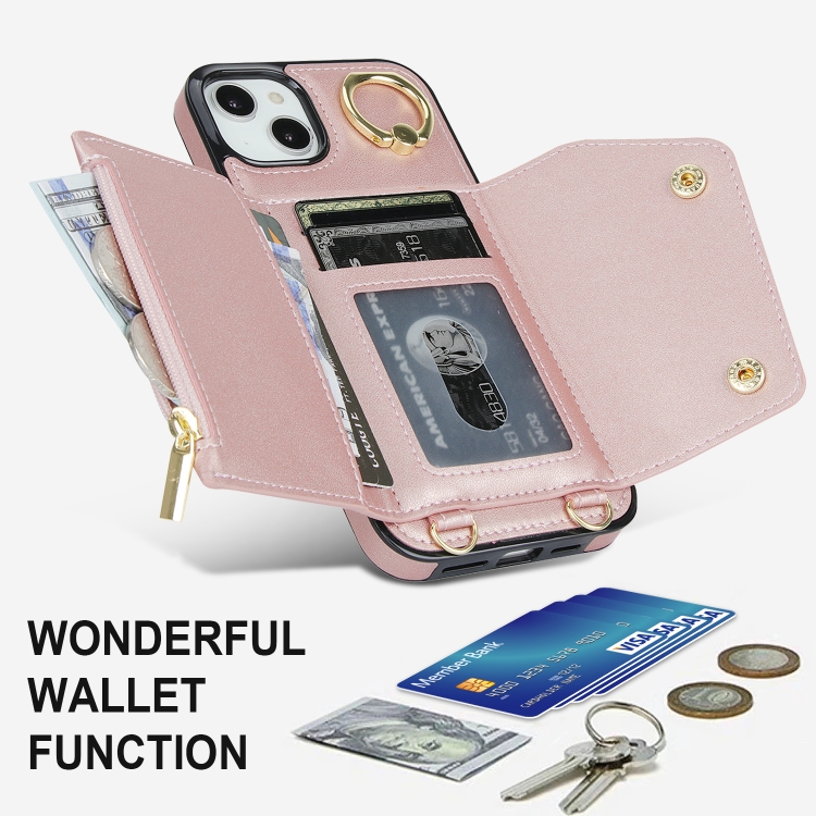 For iPhone 14 Zipper Card Bag Phone Case with Dual Lanyard(Rose Gold) For iPhone 14 Zipper Card Bag Phone Case with Dual Lanyard(Rose Gold)