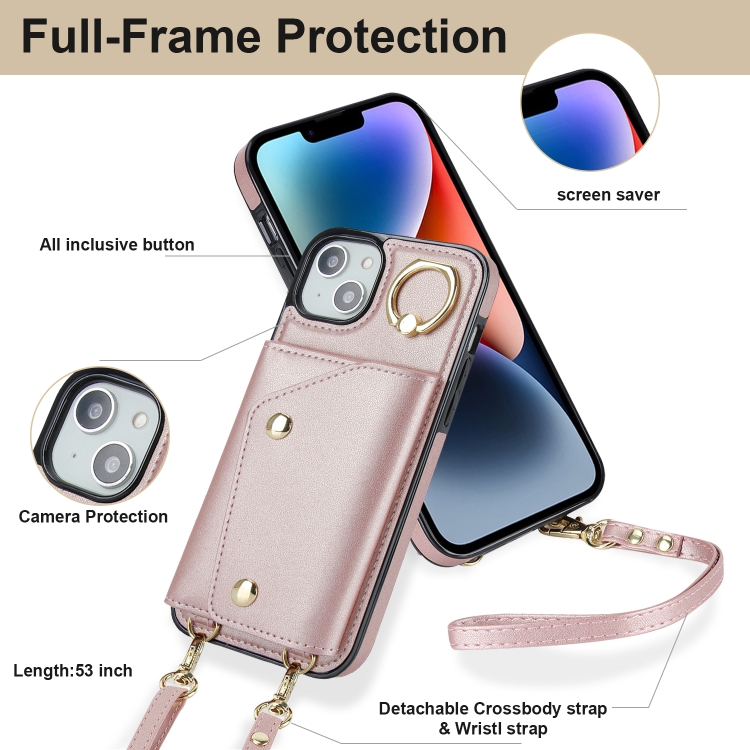 For iPhone 14 Zipper Card Bag Phone Case with Dual Lanyard(Rose Gold) For iPhone 14 Zipper Card Bag Phone Case with Dual Lanyard(Rose Gold)