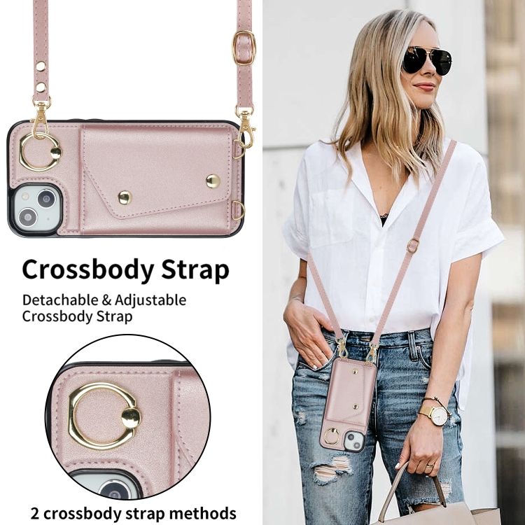 For iPhone 14 Zipper Card Bag Phone Case with Dual Lanyard(Rose Gold) For iPhone 14 Zipper Card Bag Phone Case with Dual Lanyard(Rose Gold)