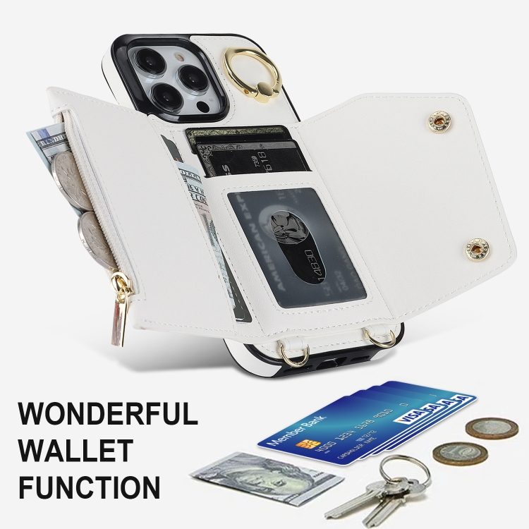 For iPhone 14 Pro Max Zipper Card Bag Phone Case with Dual Lanyard(White) For iPhone 14 Pro Max Zipper Card Bag Phone Case with Dual Lanyard(White)