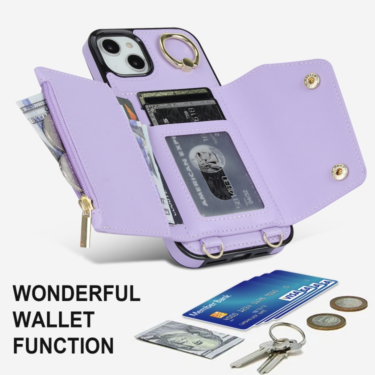For iPhone 13 mini Zipper Card Bag Phone Case with Dual Lanyard(Purple) For iPhone 13 mini Zipper Card Bag Phone Case with Dual Lanyard(Purple)