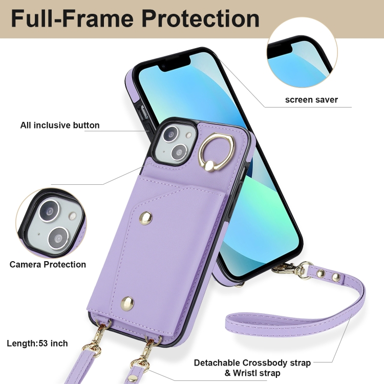 For iPhone 13 mini Zipper Card Bag Phone Case with Dual Lanyard(Purple) For iPhone 13 mini Zipper Card Bag Phone Case with Dual Lanyard(Purple)