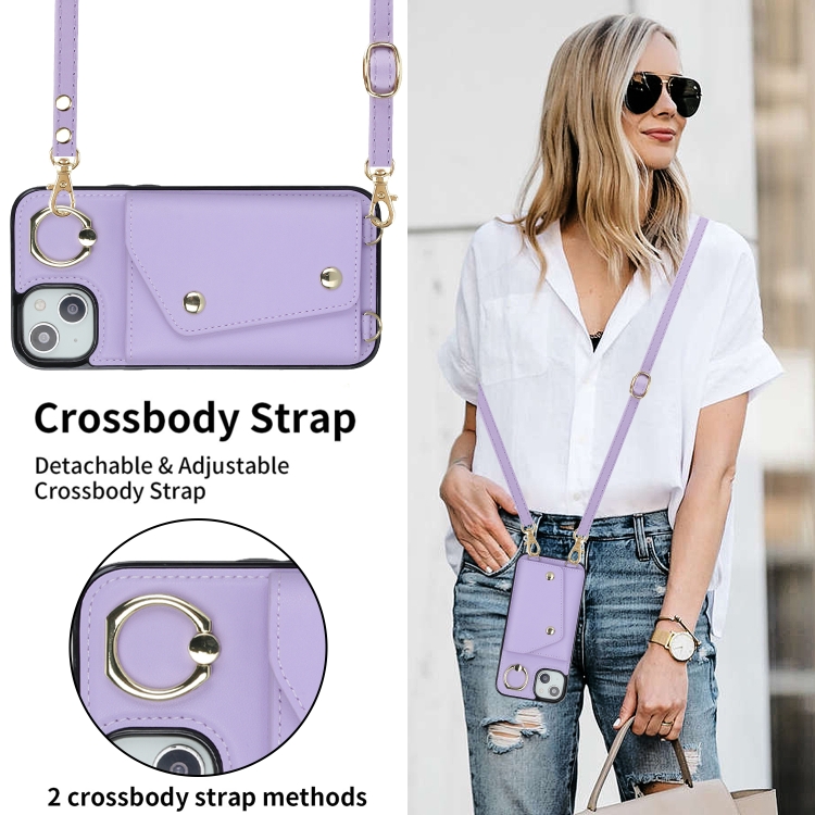 For iPhone 13 mini Zipper Card Bag Phone Case with Dual Lanyard(Purple) For iPhone 13 mini Zipper Card Bag Phone Case with Dual Lanyard(Purple)