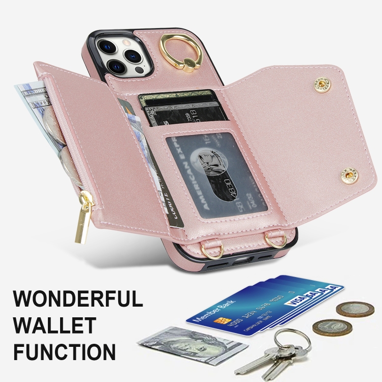For iPhone 11 Pro Zipper Card Bag Phone Case with Dual Lanyard(Rose Gold) For iPhone 11 Pro Zipper Card Bag Phone Case with Dual Lanyard(Rose Gold)