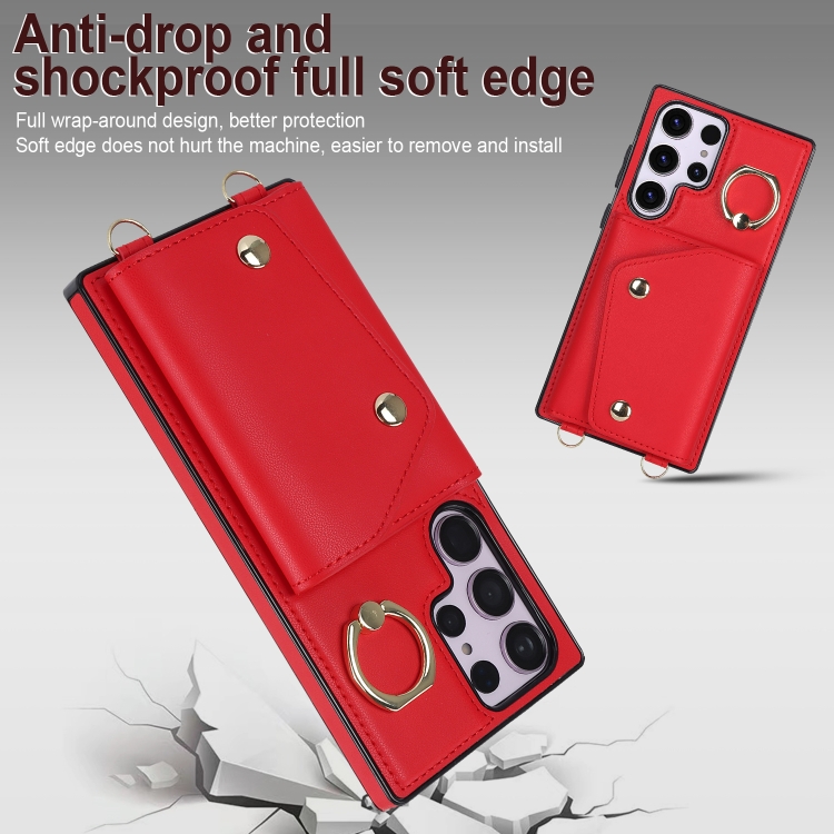 For Samsung Galaxy S23 Ultra 5G Zipper Card Bag Phone Case with Dual Lanyard(Red)