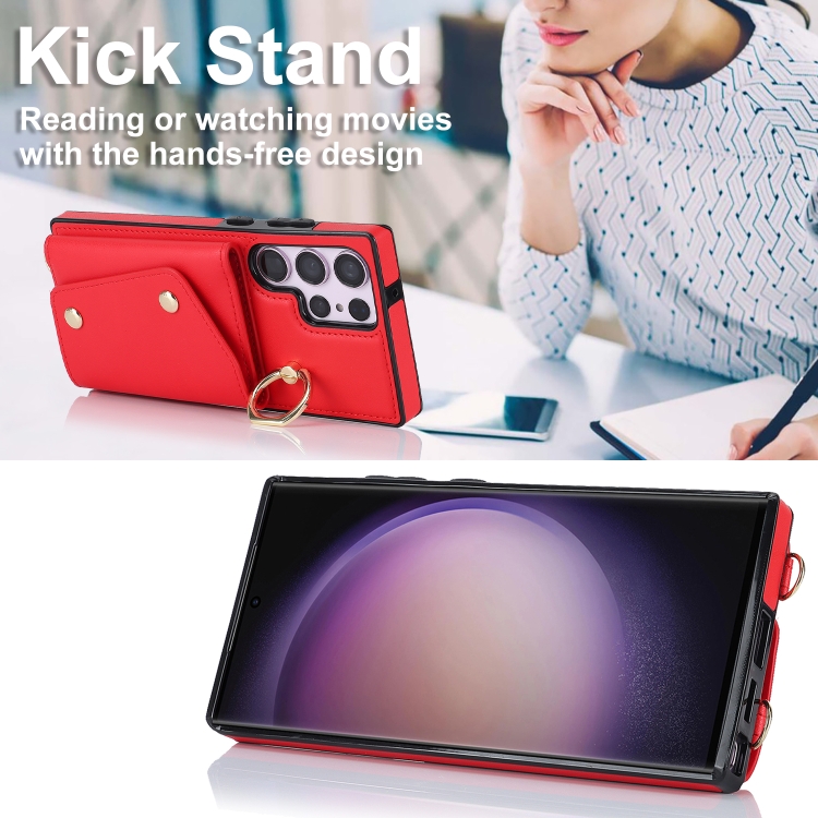 For Samsung Galaxy S23 Ultra 5G Zipper Card Bag Phone Case with Dual Lanyard(Red)