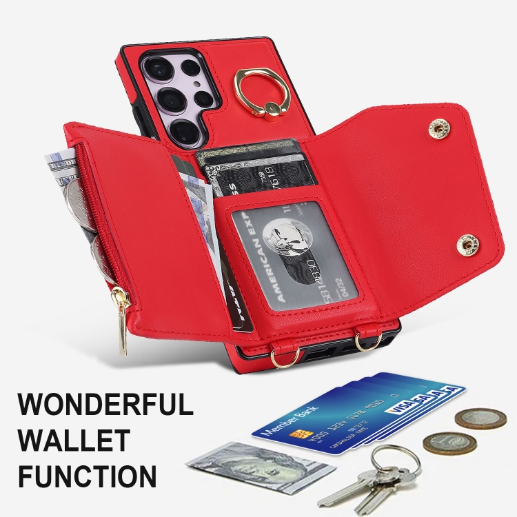 For Samsung Galaxy S23 Ultra 5G Zipper Card Bag Phone Case with Dual Lanyard(Red)