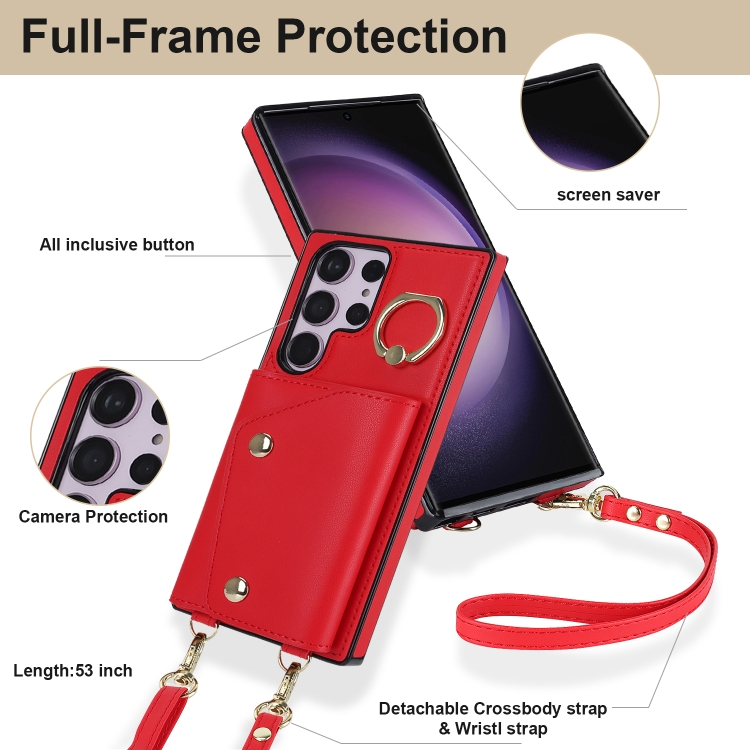 For Samsung Galaxy S23 Ultra 5G Zipper Card Bag Phone Case with Dual Lanyard(Red)